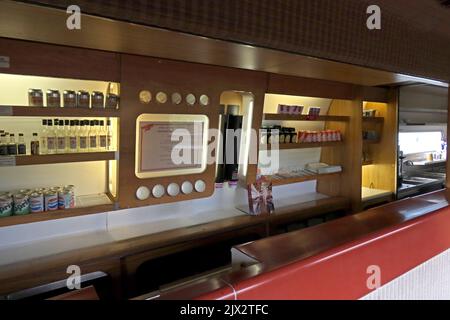 Dining car of British Rail APT,BREL and British Rail Research Division Advanced Passenger Train prototype 370006 at Crewe,Cheshire,England,UK Stock Photo