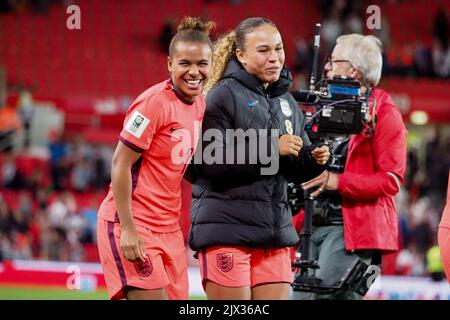 Stoke On Trent, UK. 06th Sep, 2022. Stoke-on-Trent, England, September 6th 2022: Nikita Parris (7 England) and Ebony Salmon (23 England) after the FIFA WWC Qualifier match between England and Luxembourg at Bet365 Stadium in Stoke-on-Trent, England (Natalie Mincher/SPP) Credit: SPP Sport Press Photo. /Alamy Live News Stock Photo