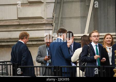 London, UK, 6th September 2022, Liz Truss becomes the UK's 56th Prime Minister and arrives in Downing Street. The heavens opened with torrential rain just before she arrived. She flew back from Balmoral after the Queen appointed her., Andrew Lalchan Photography/Alamy Live News