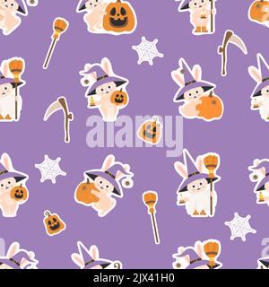 Seamless pattern Halloween. Stickers cute rabbit in witch hat with broom, Pumpkin Jack, witchs scythe and ghost on purple background with cobwebs. Vec Stock Vector