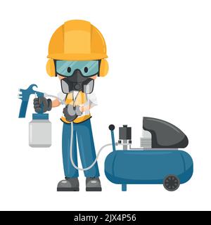 Painter industrial worker with personal protective equipment using an air compressor spray gun. Industrial safety and occupational health at work Stock Vector