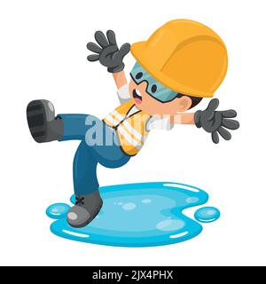 Industrial construction worker slipping on a puddle of water. Industrial safety and occupational health at work Stock Vector