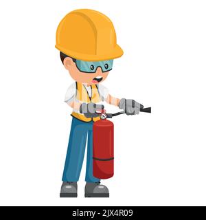 Industrial worker using a fire extinguisher with his personal protective equipment. Industrial safety and occupational health at work Stock Vector