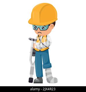Injured industrial construction worker with bandages and plaster after a workplace accident. Industrial safety and occupational health at work Stock Vector