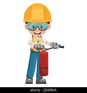Industrial worker using a fire extinguisher with his personal protective equipment. Industrial safety and occupational health at work Stock Vector