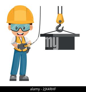 Industrial construction worker using an overhead crane to move a piece of metal. Worker with his personal protective equipment. Industrial safety and Stock Vector