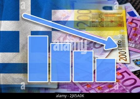 Economy Graph - Down Arrow, Cash Euro Bills and Greece Flag (Money, Economy, Business, Finance, Crisis) Stock Photo