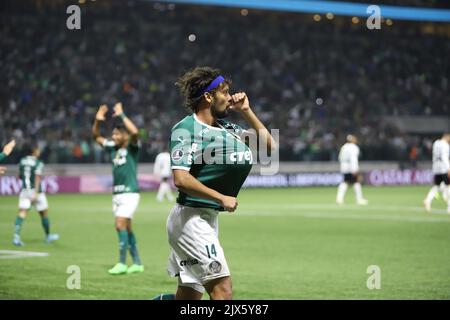 Sao Paulo, Brazil. 03rd Apr, 2022. SP - Sao Paulo - 03/04/2022 - PAULISTA  2022 FINAL, PALMEIRAS X SAO PAULO - Raphael Veiga jogador do Palmeiras  comemora seu gol durante partida contra