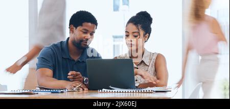 Business teamwork, designers and planning laptop ideas, strategy and research in busy startup agency. Employee focus, young workers and creative Stock Photo