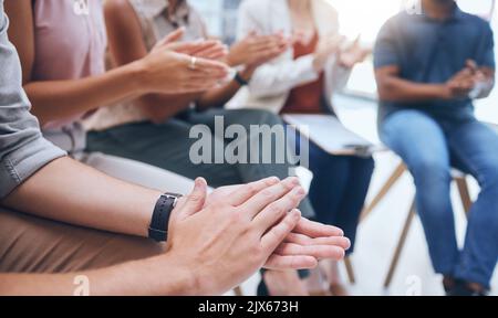Hand clap, audience row and corporate workshop at tradeshow or seminar pitch with coworkers. Gratitude, thank you or friendly welcome gesture from Stock Photo