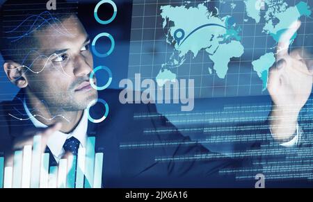 IT businessman with futuristic infographic of global chart, big data analytics or international company finance software screen overlay. Information Stock Photo