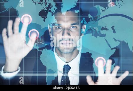 Digital big data cloud computer man, futuristic web graphs and digital transformation with businessman, trader or investor. Face of website developer Stock Photo