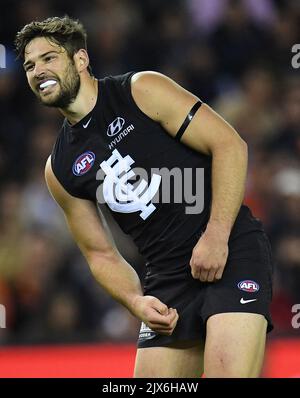 Levi Casboult of the Blues reacts after missing goal in the last quarter  during the Round 12 AFL match between the Carlton Blues and the GWS Giants  at Etihad Stadium in Melbourne, Sunday, June 11, 2017. (AAP Image/Julian  Smith Stock Photo - Alamy