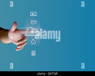 human finger pointing at the cloud show global data transfer with cloud computing, global internet, communication, big data, copy space Stock Photo