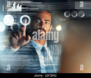 Big data, digital future and crypto metaverse of fintech business man, developer and nft blockchain trader cloud computing at night. Digital Stock Photo