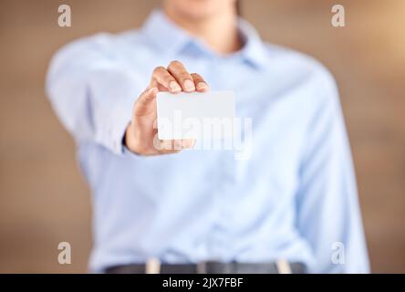 Business card mockup, hand and advertising for corporate information and company marketing at work. Hands offering blank board for market brand, logo Stock Photo