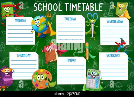 School timetable schedule, cartoon superhero animal characters in super ...