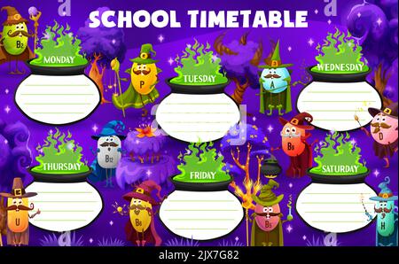 Education timetable schedule. Cartoon vitamin wizard and mage characters. Education weekly timetable or vector school lesson daily planner with B, D, H and P vitamin pills sorcerer cheerful personages Stock Vector