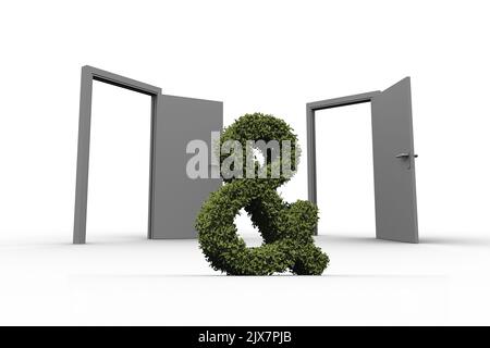 Ampersand of topiary in middle of open doors against white background Stock Photo