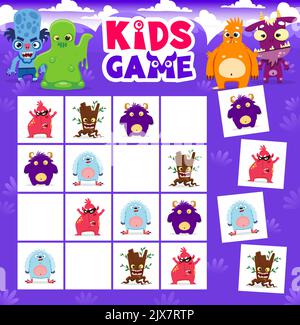 Sudoku kids game. Cartoon monster characters. Child rebus puzzle or sudoku riddle vector worksheet with green slime, yeti and scary zombie, three eyed dog, evil stump Halloween monster personages Stock Vector