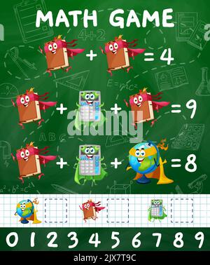 Math game. Cartoon textbook, globe and calculator characters on school board. Kids education puzzle vector worksheet with school education cheerful personages, lessons accessories on chalkboard Stock Vector