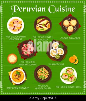 Peruvian cuisine menu with vector fish, meat and vegetable food ...