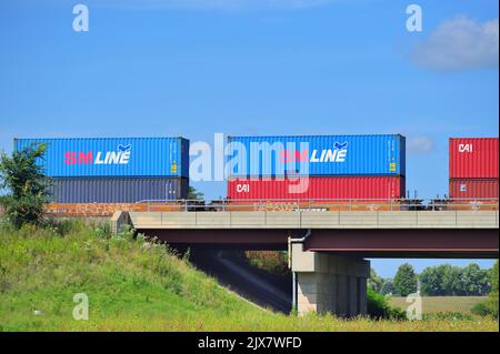 LaFox, Illinois, USA. An intermodal freight train passing through northeastern Illinois destined for Chicago on its long journey from California. Stock Photo