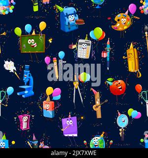 Birthday holiday funny stationery characters seamless pattern. Cartoon vector background with school book, pencil case, pen, bag and compass. Glass, eraser, sharpener and globe, apple or scissors Stock Vector