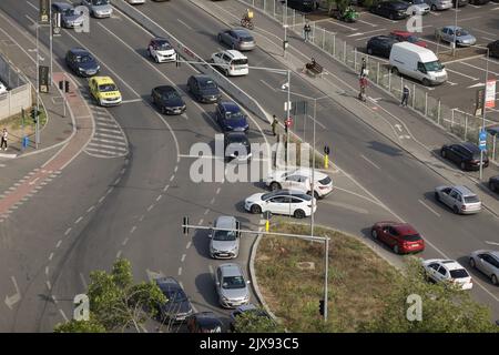 Bucharest, Romania - September 6, 2022: Traffic seen from above in Pipera area, the corporate and financial part of Bucharest. Stock Photo