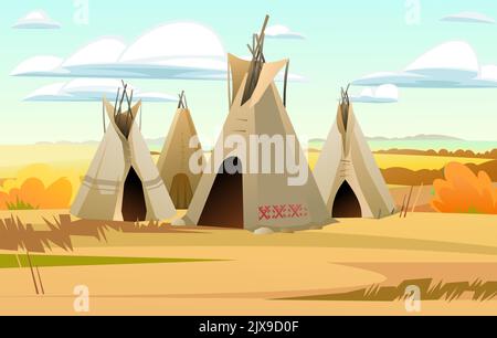 Indians wigwam hut made of felt and skins. Autumn landscape.. North American tribal dwelling. Traditional home of nomadic peoples. Vector. Stock Vector