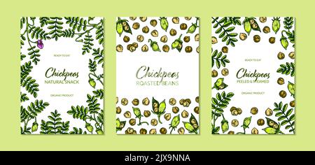 Set of colorful vertical chickpeas designs. Hand drawn illustration in colored sketch style. Botany template for packaging, banner, poster Stock Vector