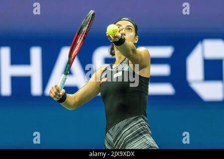 New York, NY - September 6, 2022: Caroline Garcia of France serves during quarterfinal of US Open against Coco Gauff of USA at Billie Jean King National Tennis Center Stock Photo