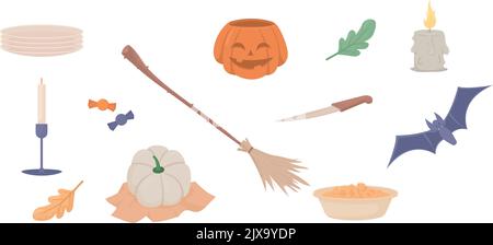 Halloween related semi flat color vector objects set Stock Vector