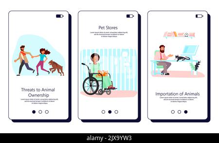 Set of apps with pets life concept. Different situation of owners with their domestic animals. Flat Art  Illustration. Stock Photo