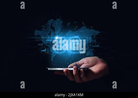 The technology of international modern networks 5G on the background of the world map.  Stock Photo
