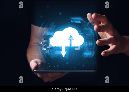 The concept of cloud technologies for data transfer and storage. Stock Photo