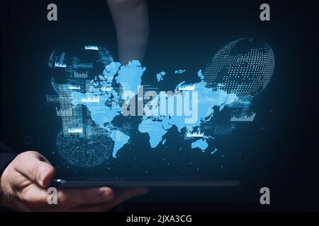 Global network of connections. Business and marketing. Person holding a smartphone with a world map hologram. Stock Photo