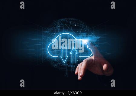 Hand touching cloud technology hologram icon. Data storage service. Stock Photo
