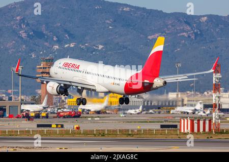 Barcelona, Spain - February 21, 2022: Iberia Airbus A320 airplane at Barcelona airport (BCN) in Spain. Stock Photo