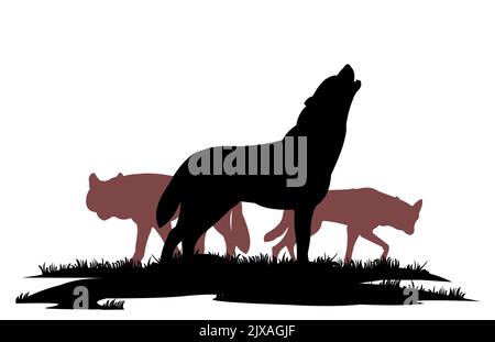 Wolf howls on grass. Silhouette picture. Wild animal in nature. Predator in natural conditions. Isolated on white background. Vector Stock Vector