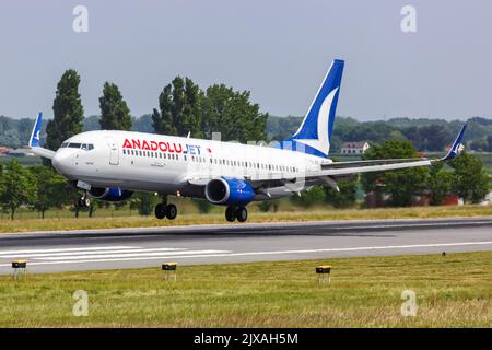 Brussels, Belgium - May 21, 2022: AnadoluJet Boeing 737-800 airplane at Brussels airport (BRU) in Belgium. Stock Photo