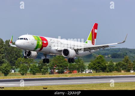 Brussels, Belgium - May 21, 2022: TAP Air Portugal Airbus A321neo airplane at Brussels airport (BRU) in Belgium. Stock Photo