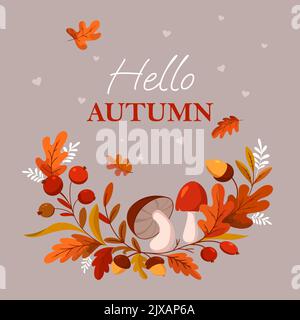 text hello autumn hearts mushrooms acorns autumn leaves and branches Stock Vector
