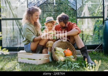 Farmer family with fresh harvest sitting in front of a greenhouse. Stock Photo