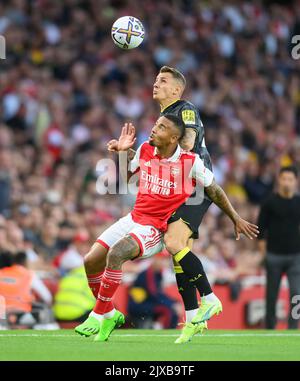 31 Aug 2022 - Arsenal v Aston Villa - Premier League - Emirates Stadium  Arsenal's Gabriel Jesus and Aston Villa's Lucas Digne during the match at the Emirates Stadium. Picture : Mark Pain / Alamy Stock Photo