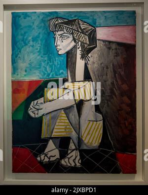 'Portrait of Jacqueline Roque with her hands crossed' created in 1954 by Pablo Picasso in Cubism style. Picasso Museum, an art gallery located in the Stock Photo