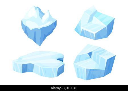 Set Ice floe, frozen water piece, iceberg in cartoon style isolated on white background. Polar landscape element, ui game asset. Winter decoration. Vector illustration Stock Vector