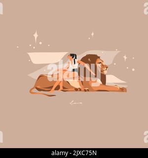 Hand drawn vector abstract graphic astrology illustration with modern,artistic contemporary print template of boho zodiac sign Leo.Zodiac adult female Stock Vector