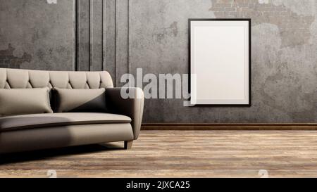 Old Wall Background With Cozy Gray Sofa And Wall Frame. Minimalist Interior Design In Living Room. 3D Render Stock Photo