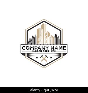 hexagon modern apartment logo vector, building exterior with forest in behind, best for real estate, construction, cityscape logo design inspirations Stock Vector